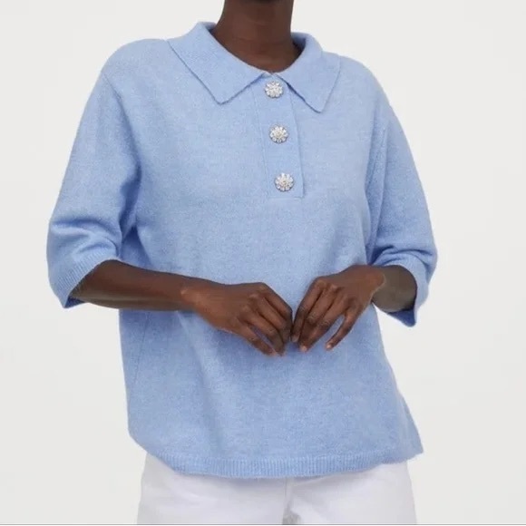 H&M Fine Knit Embellished Button Short Sleeved Sweater Top Sz: XS - Picture 2 of 11